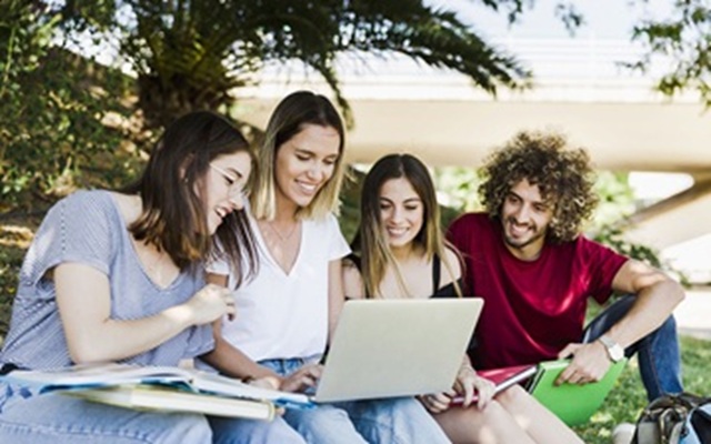 Personas que son estudiantes, sentados debajo de un árbol mirando un portátil